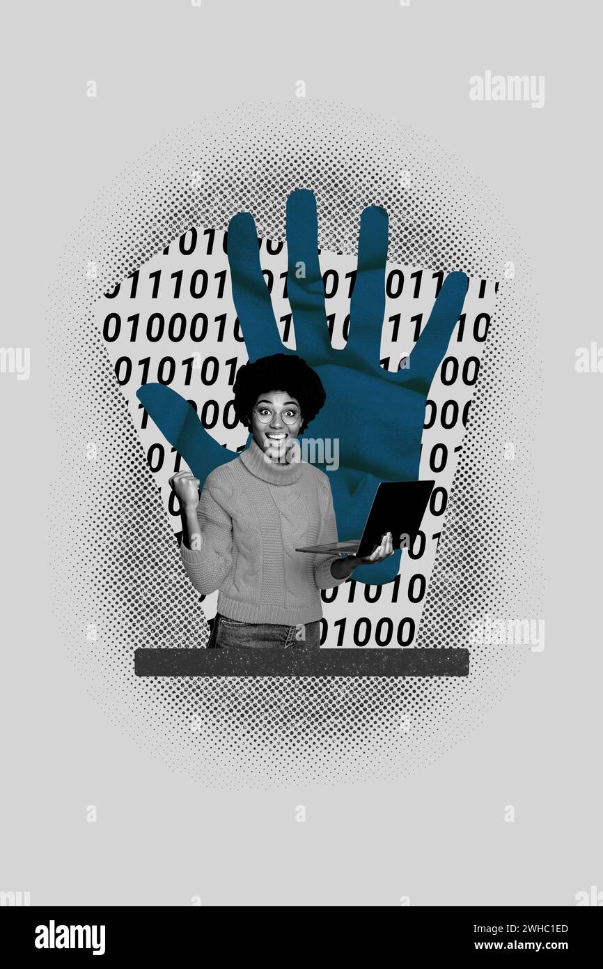 Collage pinup pop sketch image of lucky excited lady programming code ...