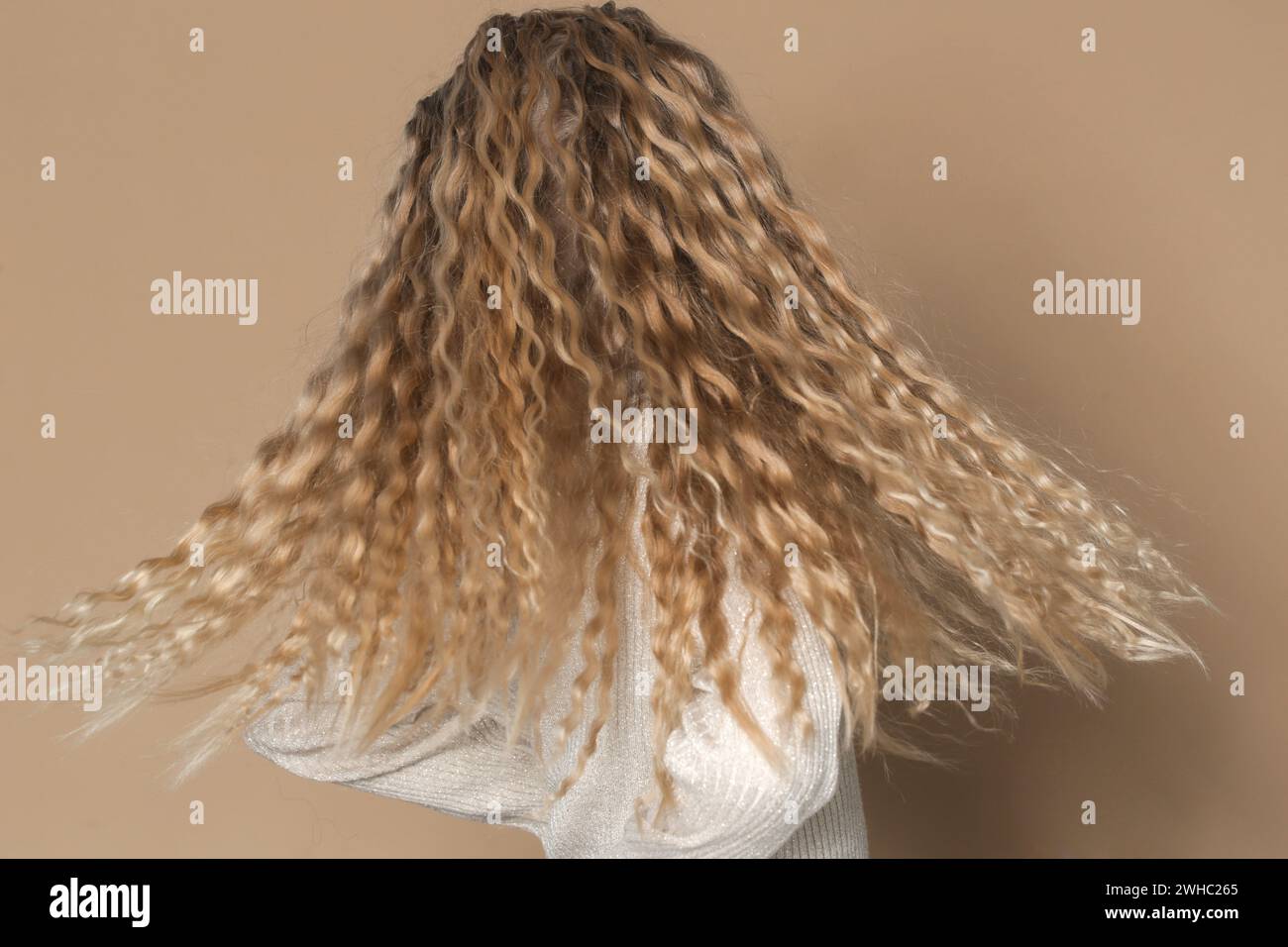 Back view of little girl with blonde curly long hair Stock Photo