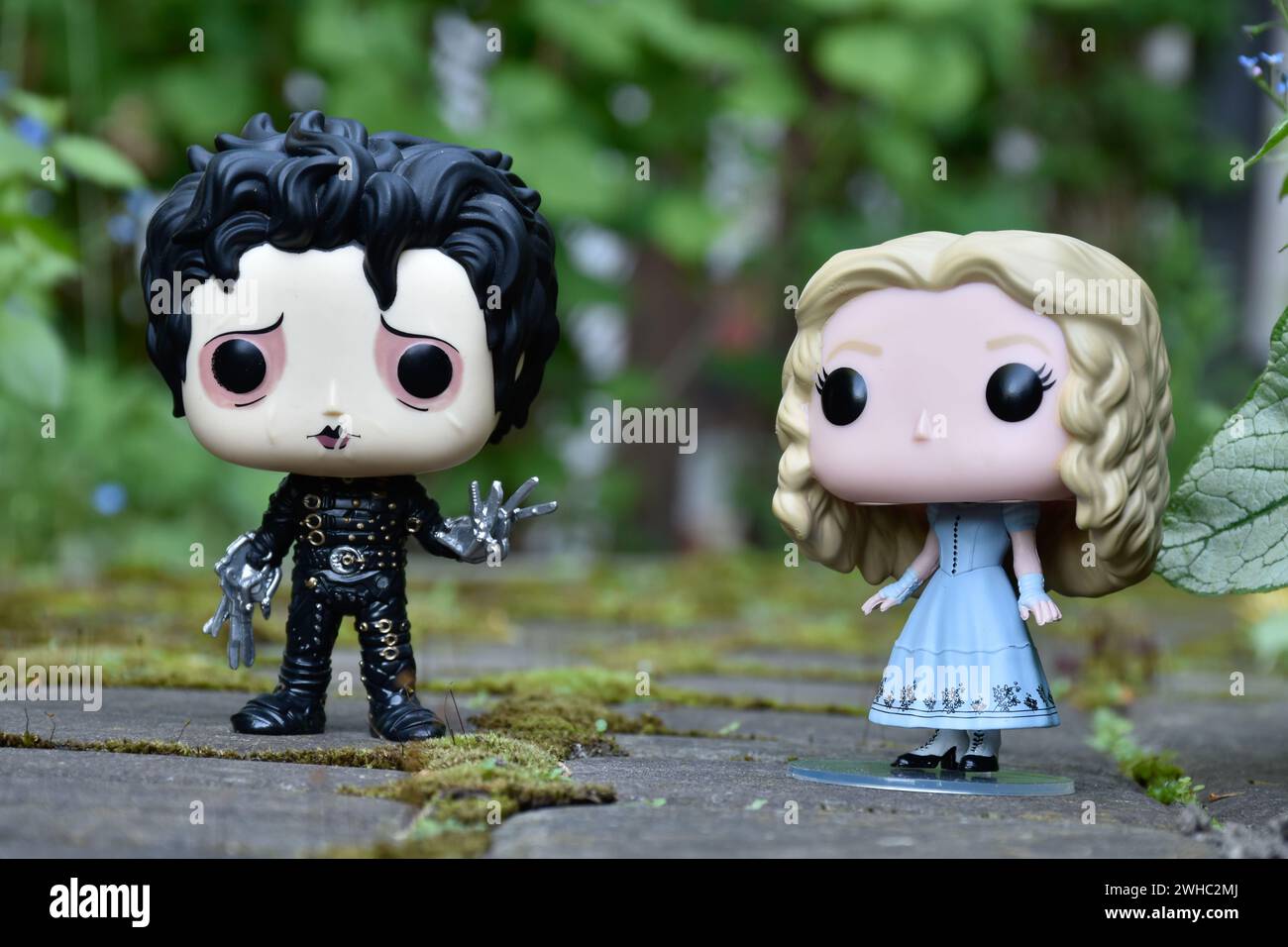 Funko Pop action figures of Edward Scissorhands and Alice in Wonderland from Tim Burton fantasy movies. Moody garden, green leaves, moss, flowers. Stock Photo
