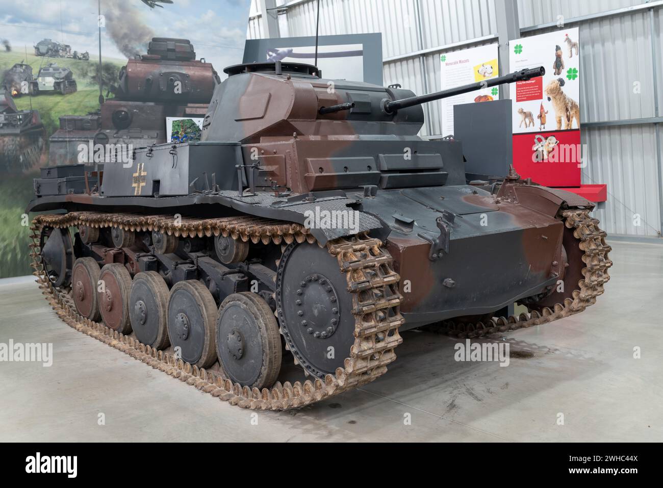 German panzer 2 on display in Bovington tank museum, painted in early WW2 panzer grey and brown camo. January 2024. Stock Photo