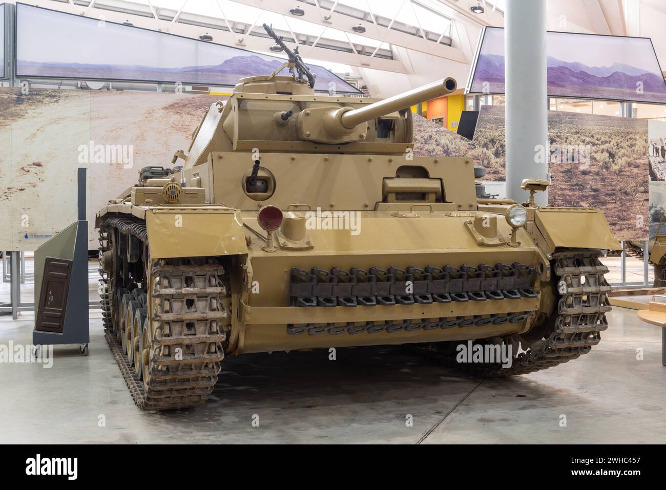 German Panzer 3 on display in Bovington tank museum, painting in sand colour to represent an Afrika Corps vehicle. January 2024 Stock Photo