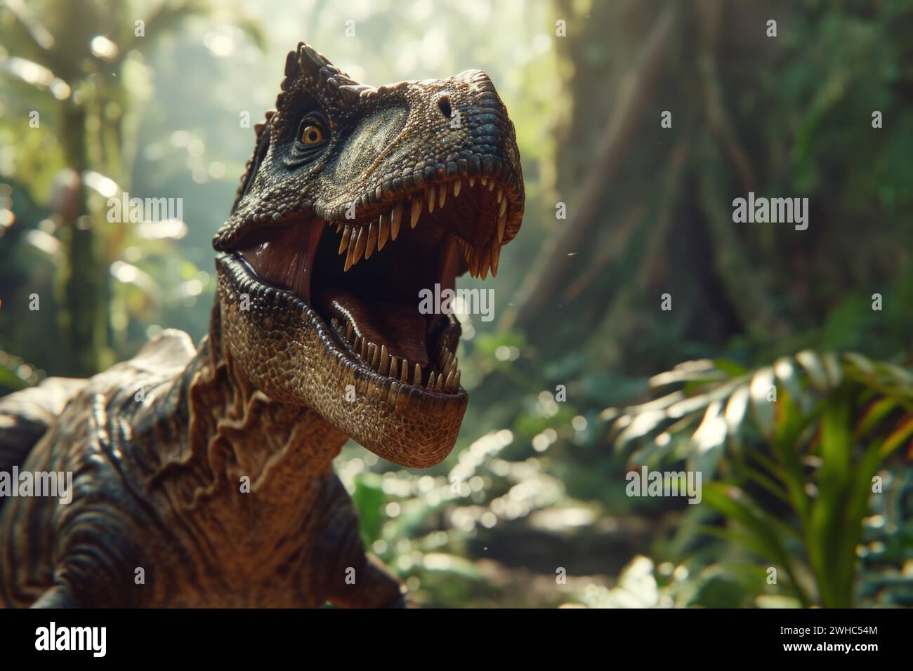 Tyrannosaurus T-rex raptor portrait huge giant carnivorous predatory dinosaur roars open mouth sharp teeth hunting outdoors nature rainforest Jurassic Stock Photo