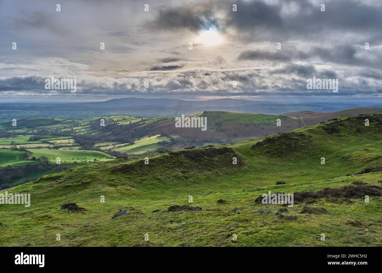 Brown Clee and Titterstone Clee Hill seen from Caer Caradoc, Church Stretton, Shropshire Stock Photo