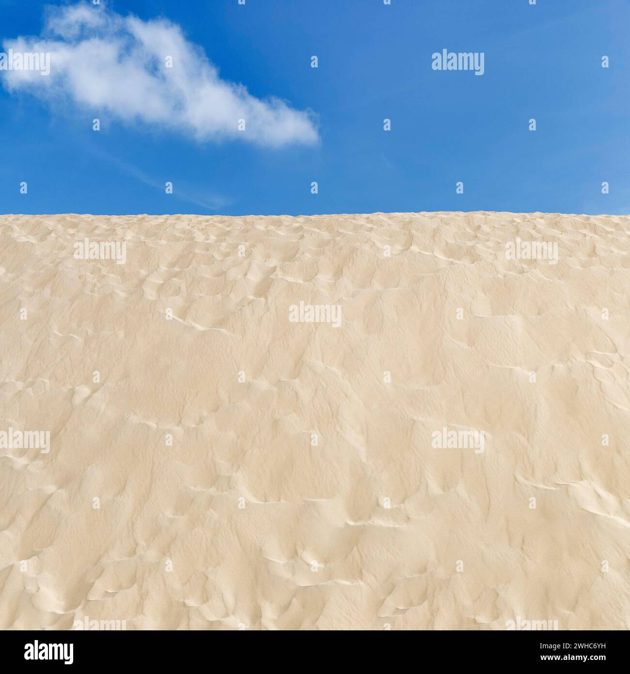Empty dune, shifting dune, fine sand, spring clouds, minimalist landscape, symbolic image, coastline, Valdevaqueros, Tarifa, Spain Stock Photo
