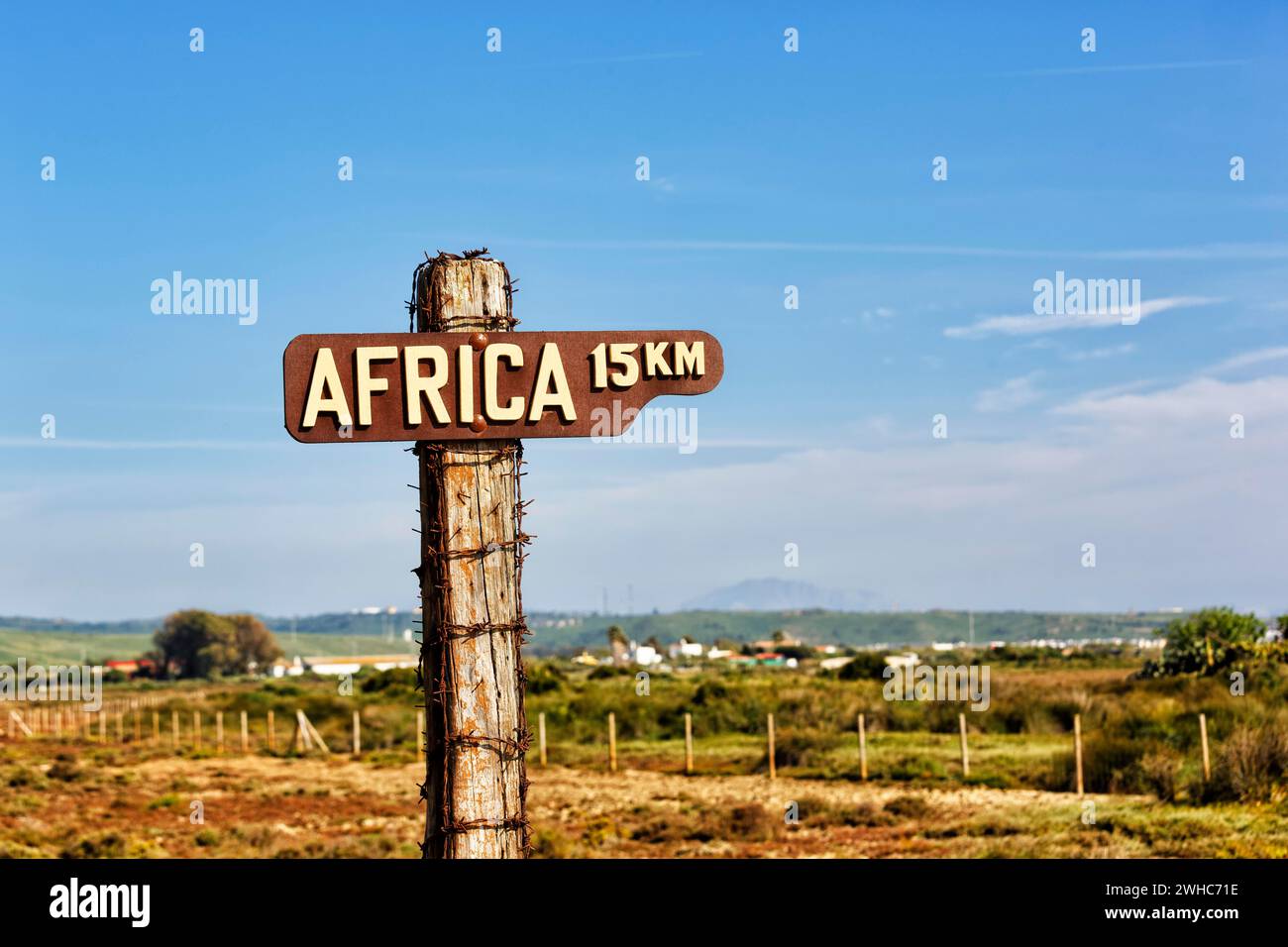 Signpost, distance to Africa 15 km, Tarifa, Cadiz, Andalusia, Spain Stock Photo
