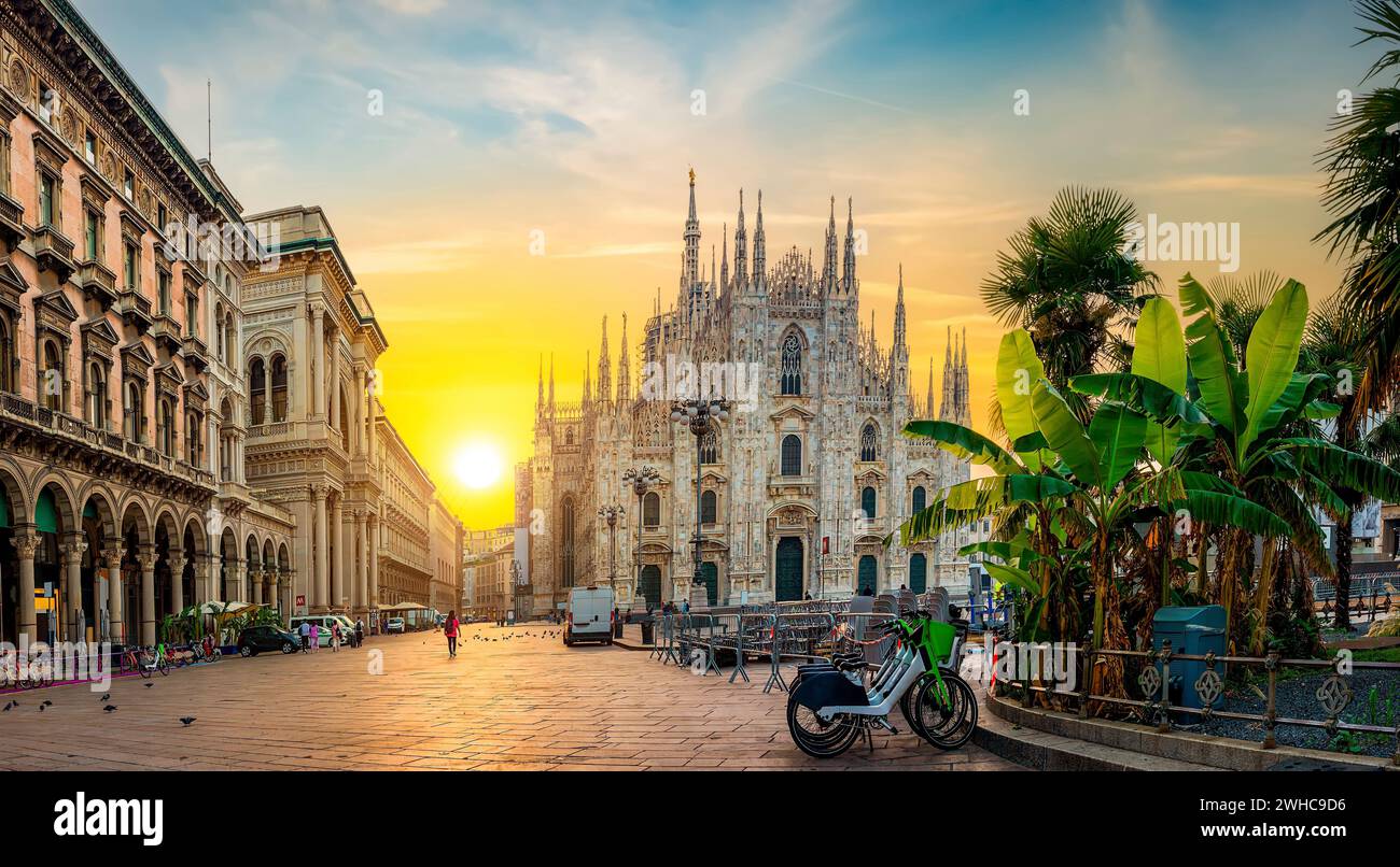 Milan, Piazza Del Duomo at sunrise, Italy Stock Photo