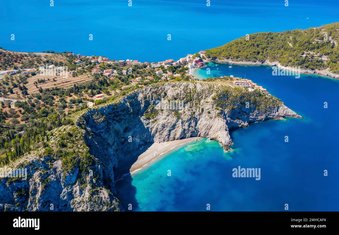 Aerial panoramic view of Assos village coast. Kefalonia island, Greece. Travel summer vocation concept. Stock Photo