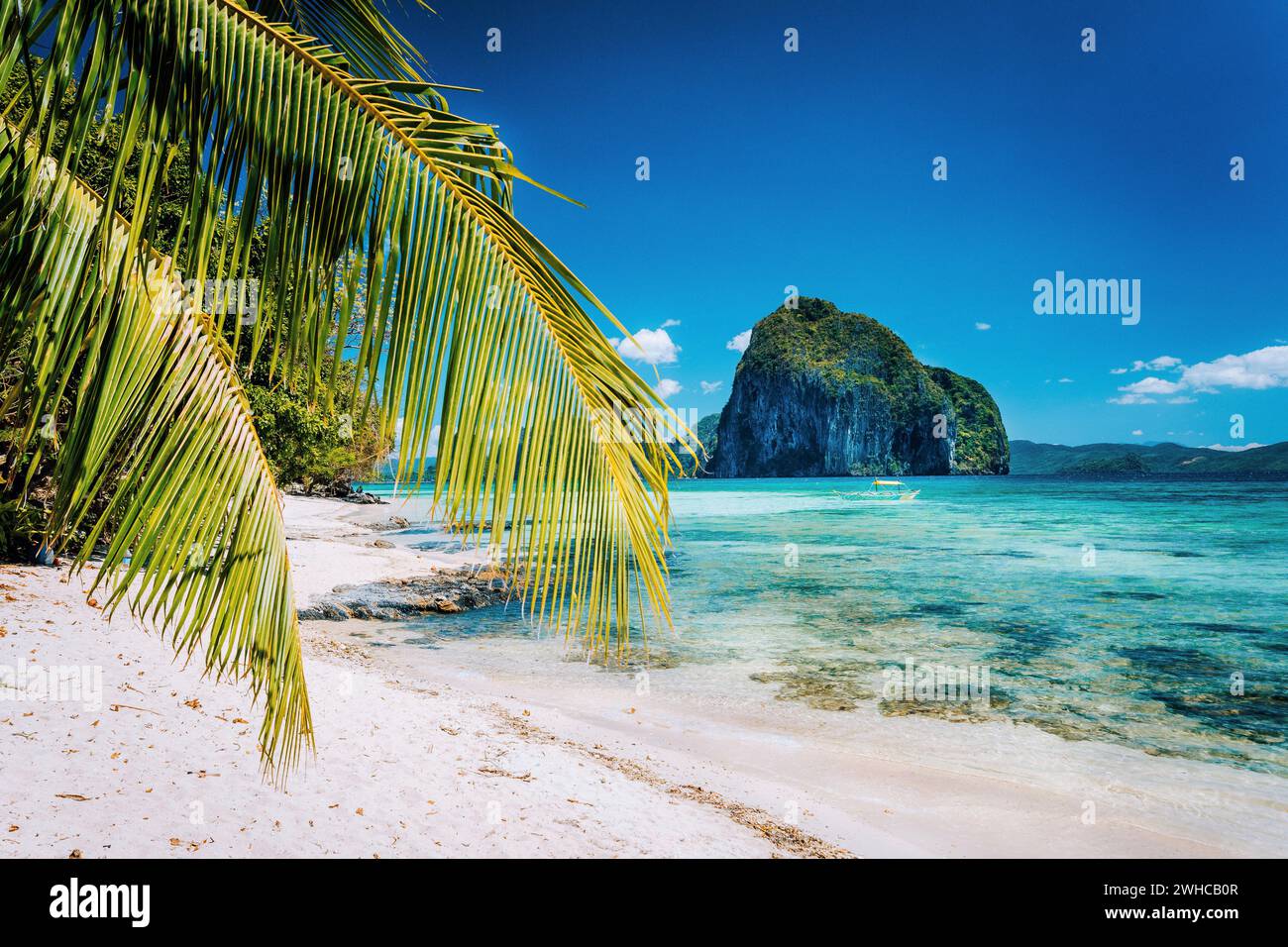 Palm tree branches on sandy beach with impressive Pinagbuyutan island in background. Dreamlike landscape scenery in El Nido, Palawan, Philippines. Stock Photo