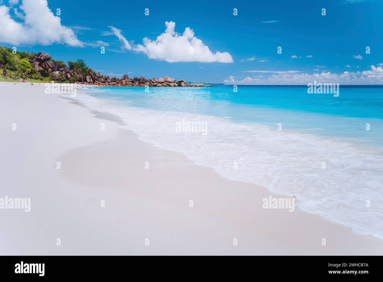 Grand Anse long sandy beach at La Digue island, Seychelles. Holiday vacation travel destination. Stock Photo