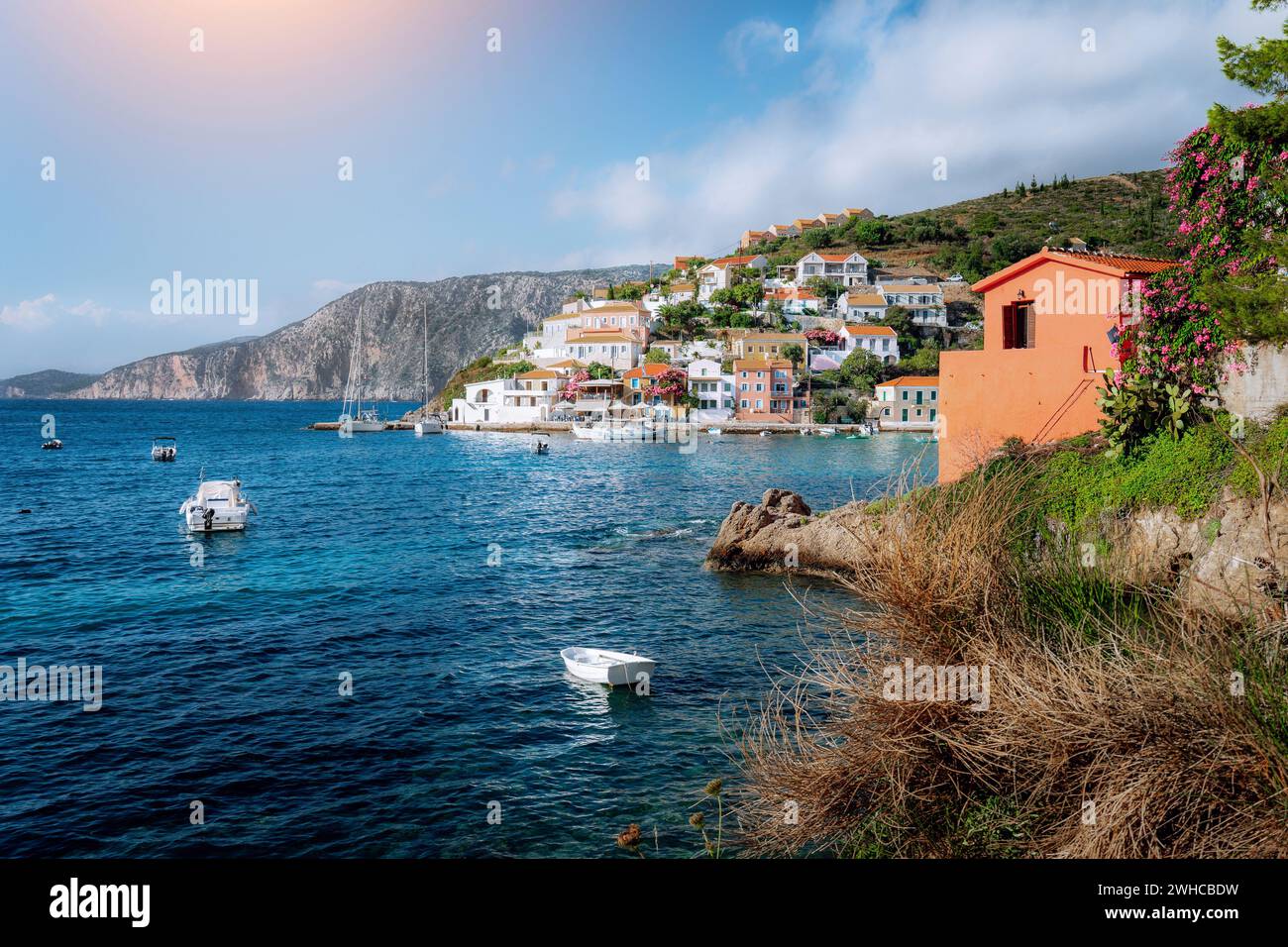 Mediterranean sea bay in colorful Assos village. Kefalonia Greece. Stock Photo