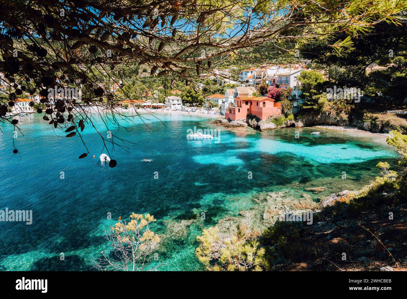 Lovely bay of assos village, Kefalonia, Greece. View on tourquise transparent water framed between green pine grove branches. Deep dark pattern on lagoon bottom. Stock Photo