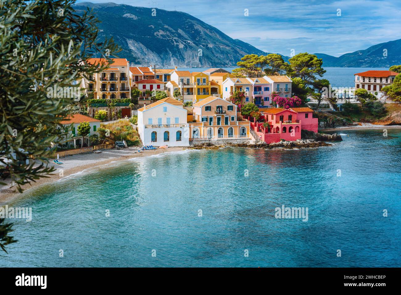 Summer vacation in Greece, picturesque colorful village Assos in Kefalonia. Stock Photo