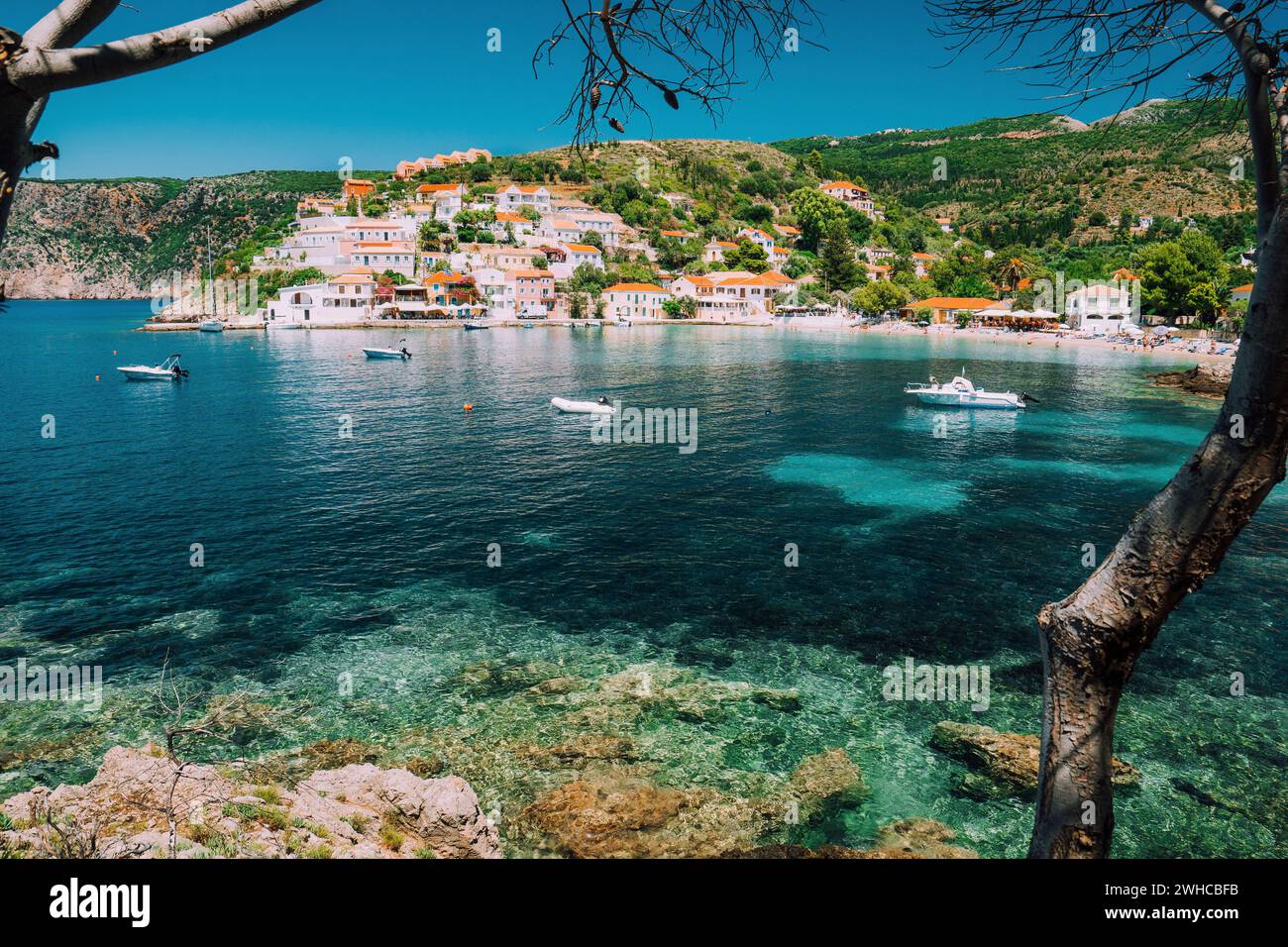 Assos village, Kefalonia Greece. View on turquoise transparent bay lagoon of Mediterranean sea. Surrounded by green pine trees. Blue deep pattern on bottom. Stock Photo