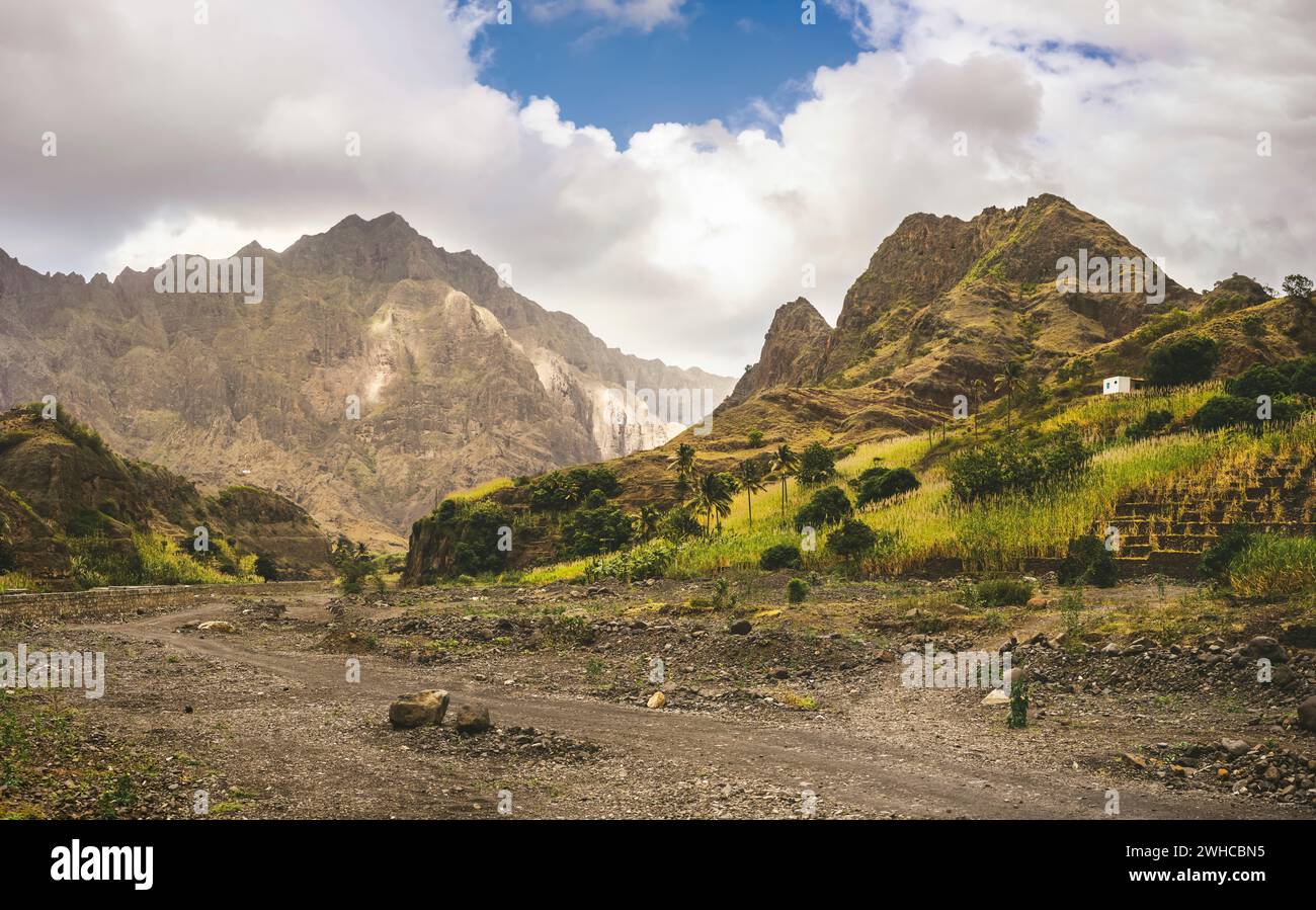 Rural landscape with road and mountains in the Ribeira de Jorge on the island of Santo Antao in Cape Verde. Stock Photo