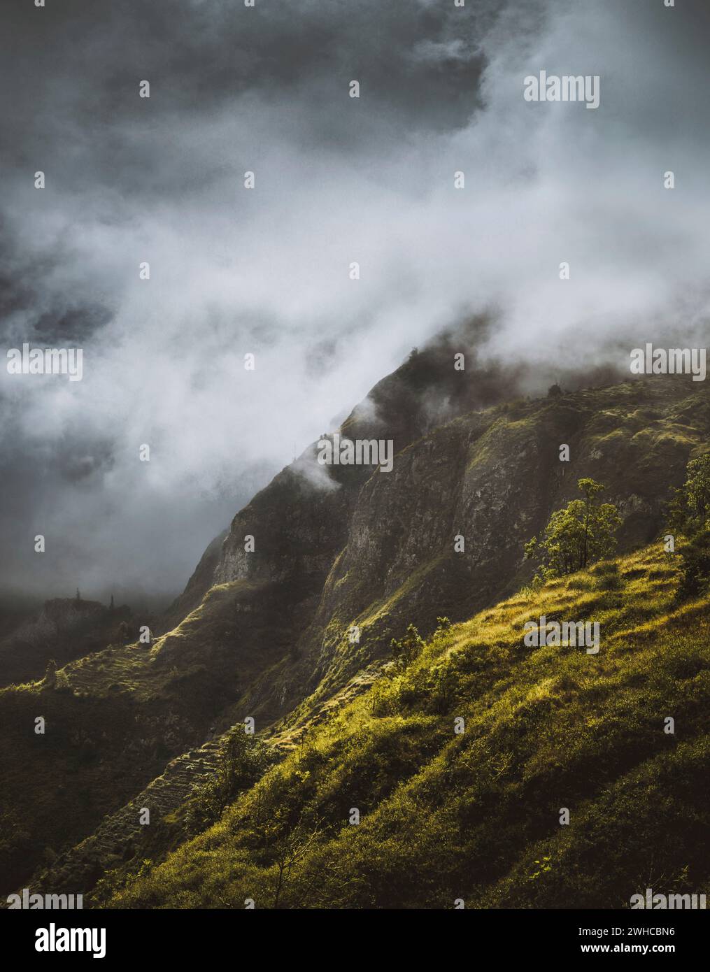 Stunning scenery with mist flowing over huge mountain slope and spilling into the green valley. Santo Antao Cape Verde Cabo Verde. Stock Photo