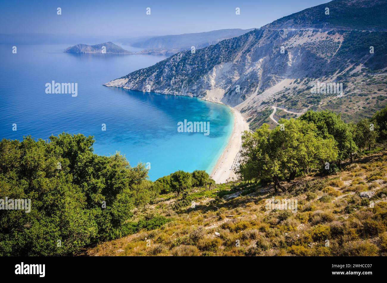 Aerial View of beautiful Myrtos Bay and Beach on Kefalonia Island, Summer Day, Greece Stock Photo