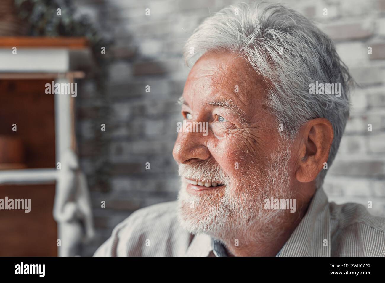 Handsome older man smiling staring at camera feels happy, close up face view. Senior advertise professional dental clinic, teeth repair and check up services, medical insurance cover for elder concept Stock Photo