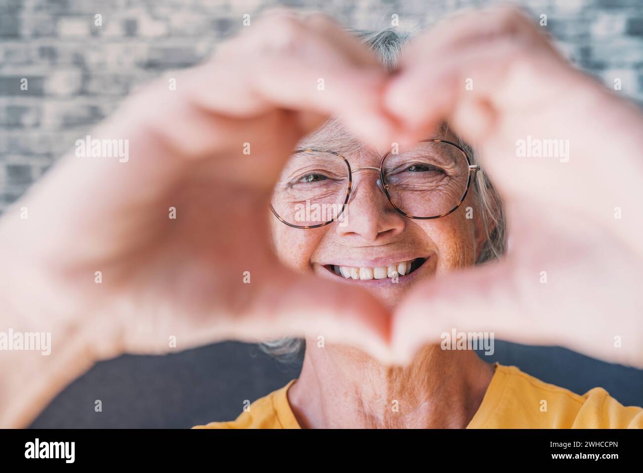 Elderly woman sit in living room connected fingers showing heart symbol close up, old people cardiovascular disease prevention treatment, health check-up, cardio vitamins, sign of kindness and charity Stock Photo