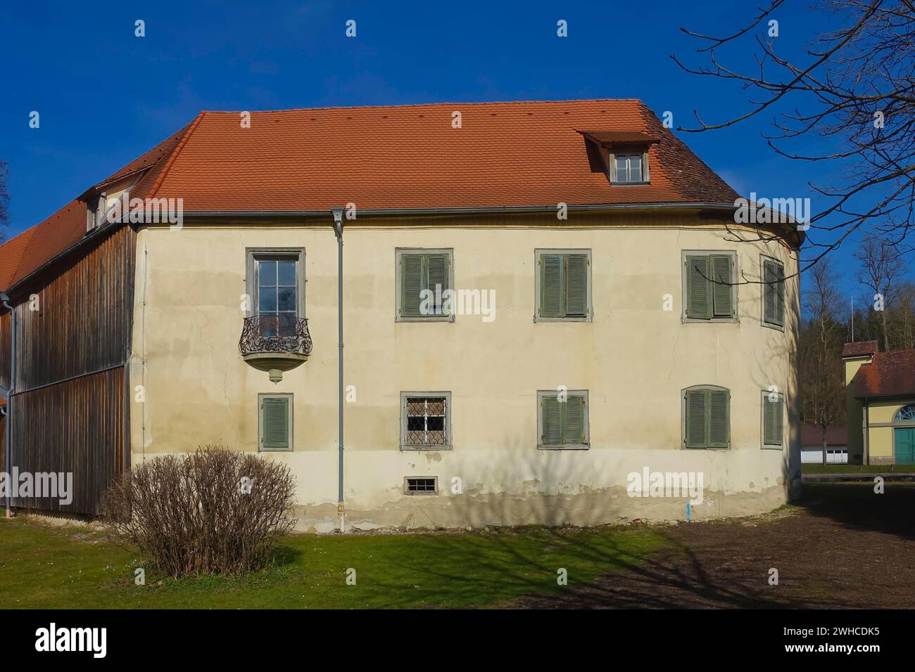 Old castle, classicist castle complex Krauchenwies from 1769 to 1785, three-winged building of early classicism, moated castle, historic building Stock Photo