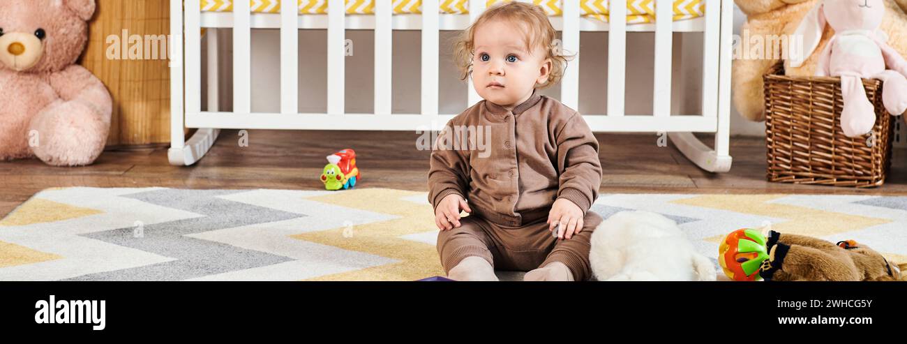 toddler boy sitting on floor near soft toys and crib in cozy nursery room, horizontal banner Stock Photo