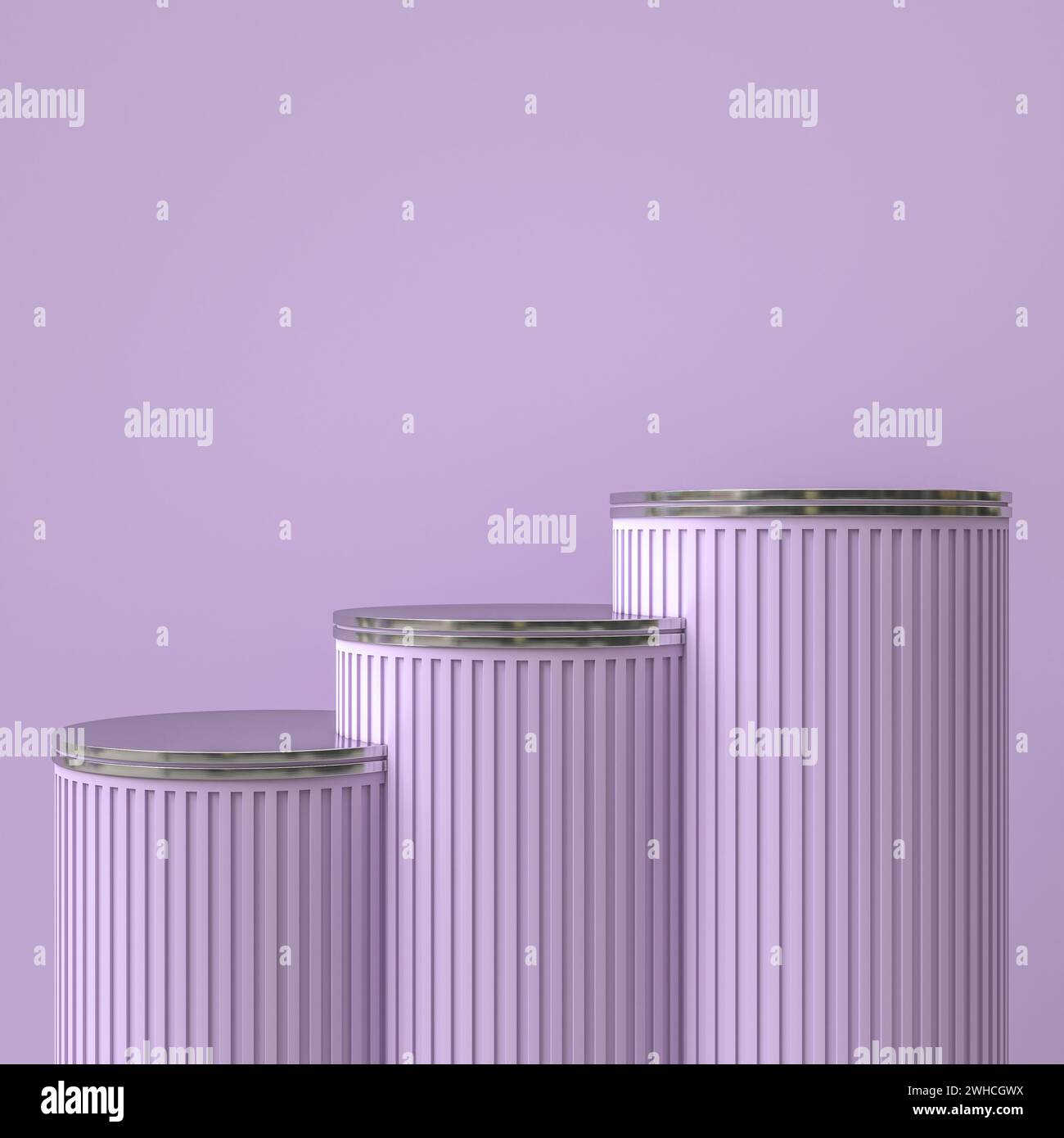 Cylindrical column-shaped lilac podiums with metal top. 3d render background Stock Photo