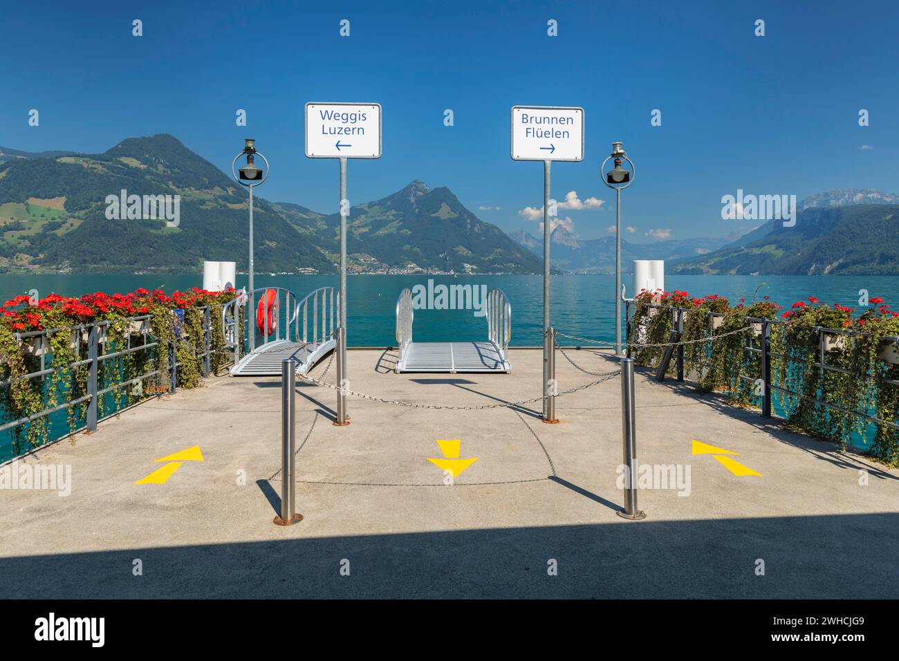 Ferry pier in Beckenried, Lake Lucerne, Canton Niewalden, Switzerland, Lake Lucerne, Niewalden, Switzerland Stock Photo