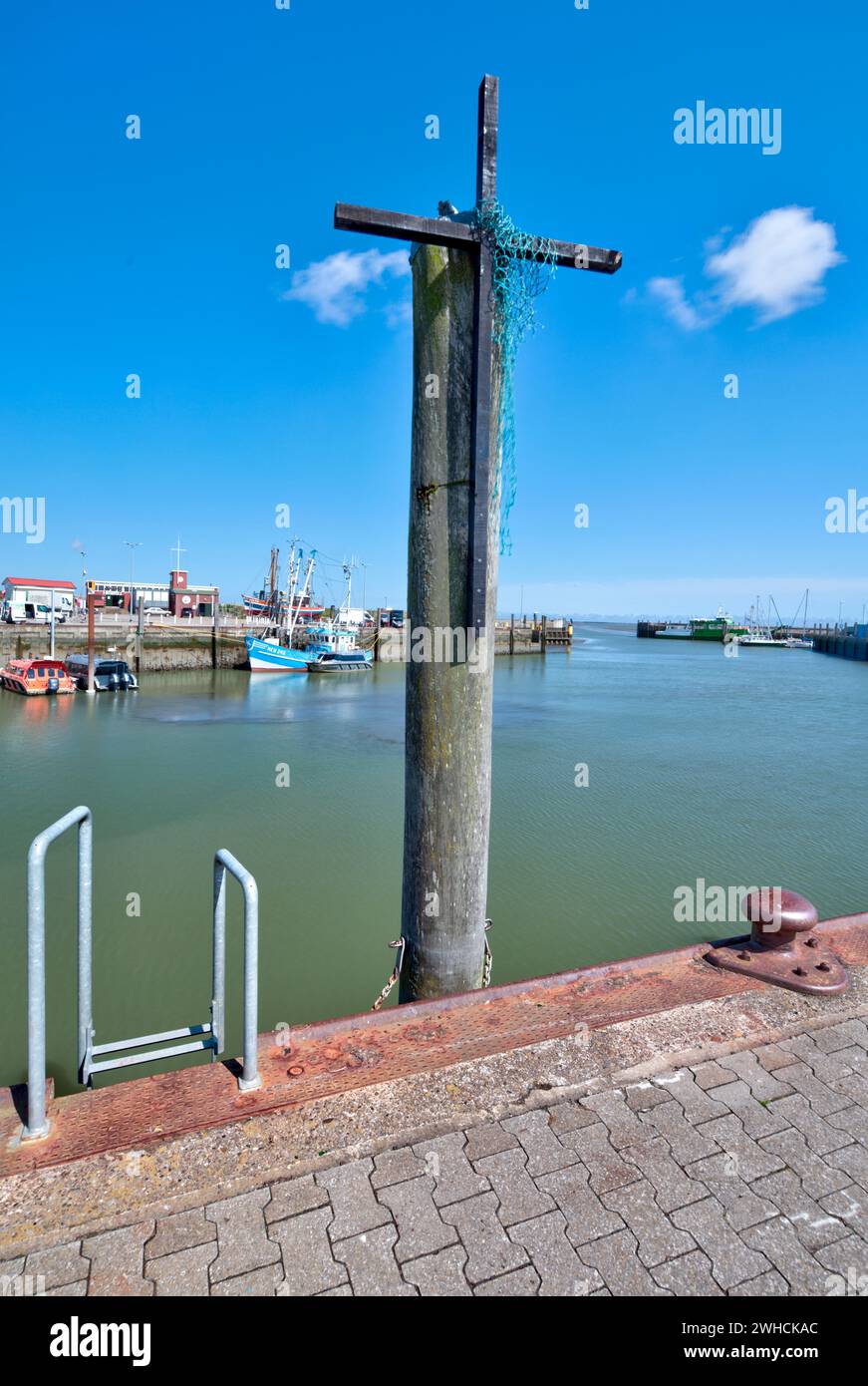 Black crosses, protest, fishermen, ban, bottom trawls, dyke, harbor, Neuharlingersiel, East Frisia, North Sea, Germany, Stock Photo