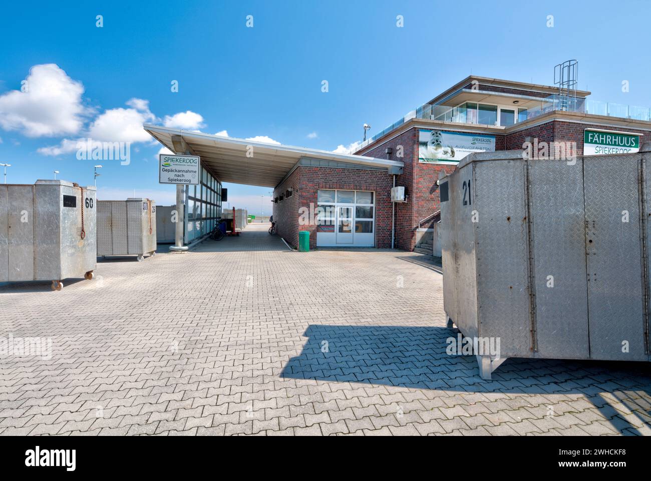 Luggage acceptance, ferry connection, Spiekeroog, ferry, harbor, pier, town view, Neuharlingersiel, East Frisia, North Sea, Germany, Stock Photo