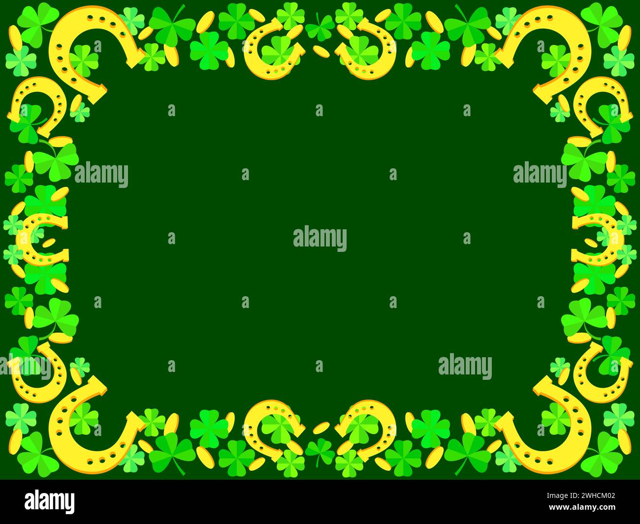 Frame with green clover leaves, gold coins and horseshoes for St. Patrick's Day. Border with shamrocks, golden horseshoes and coins. Design for wallpa Stock Vector