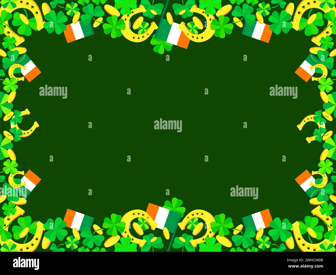 Frame for text for St. Patrick's Day with Irish flags, clover leaves, gold coins and horseshoes. Border with shamrocks, golden horseshoes, coins and I Stock Vector