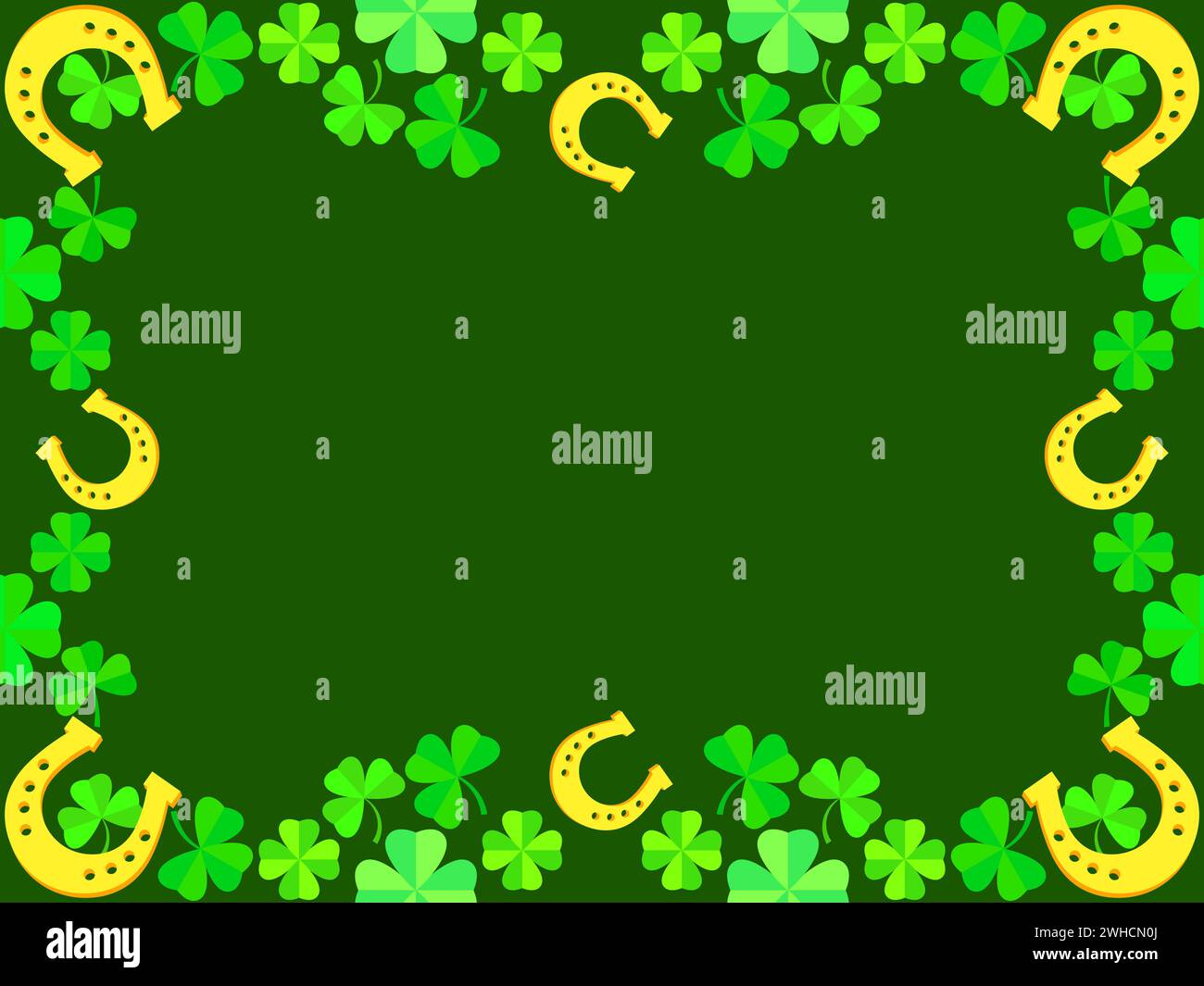 St. Patrick's Day frame with clover leaves and horseshoes. Border with four leaf clovers and shamrocks, golden horseshoes. Design for invitations, lea Stock Vector