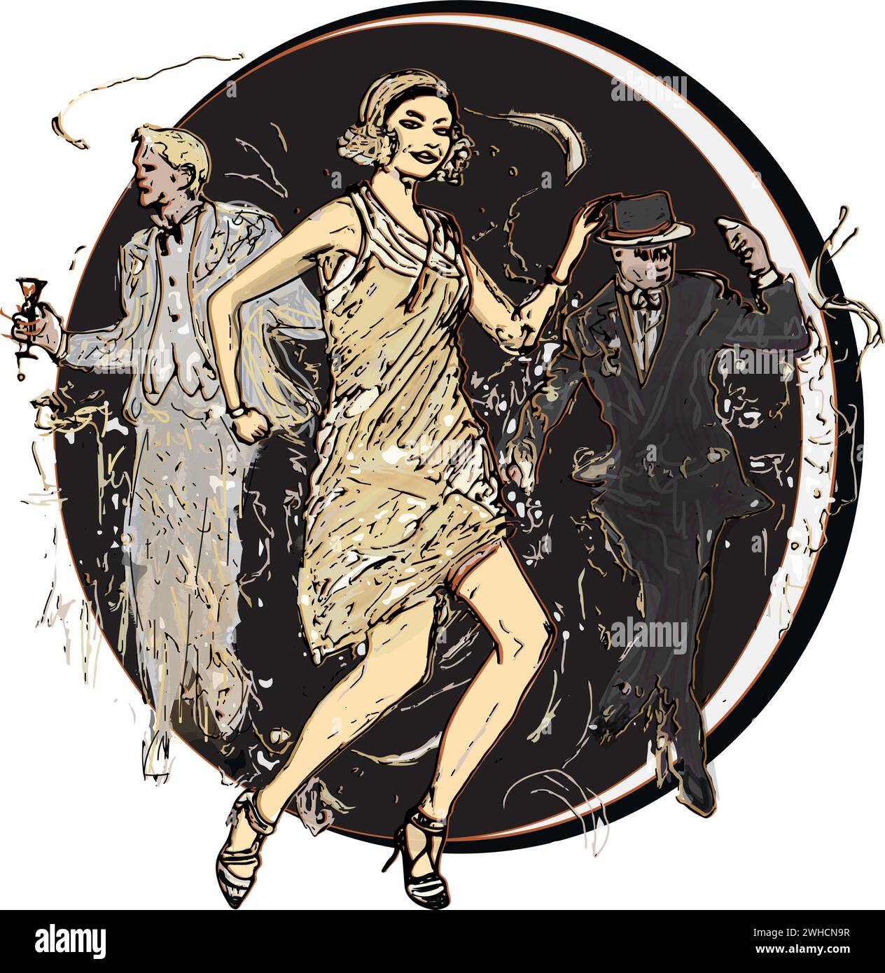 Illustration of a 1920s art deco party with woman in flapper dress dancing and men in suits- crescent moon background. Stock Vector