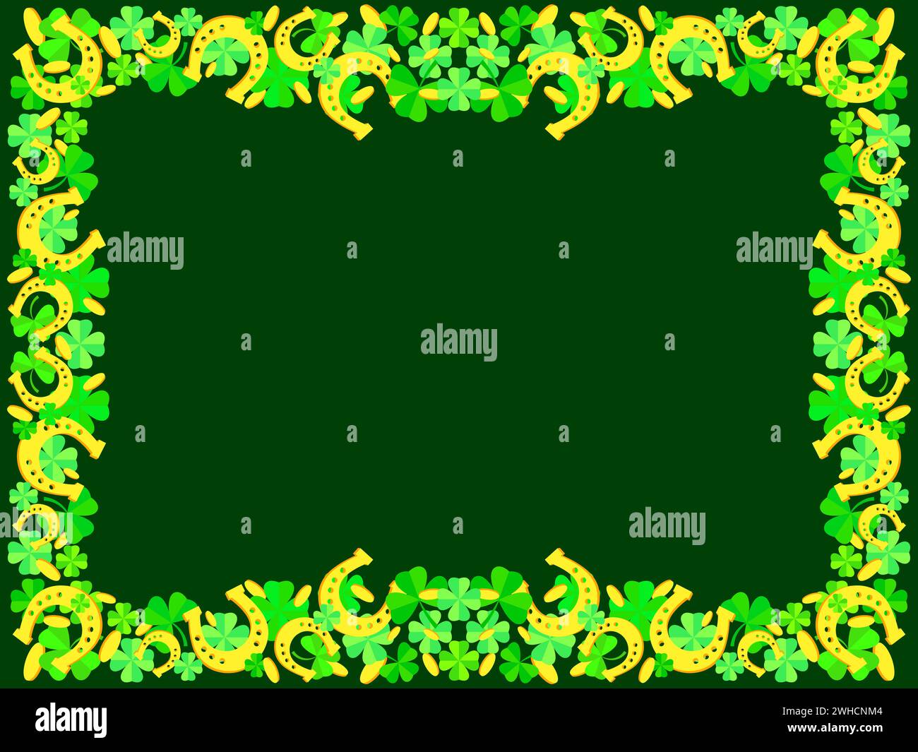 Frame with green clover leaves, gold coins and horseshoes for St. Patrick's Day. Border with shamrocks, golden horseshoes and coins. Design for wallpa Stock Vector