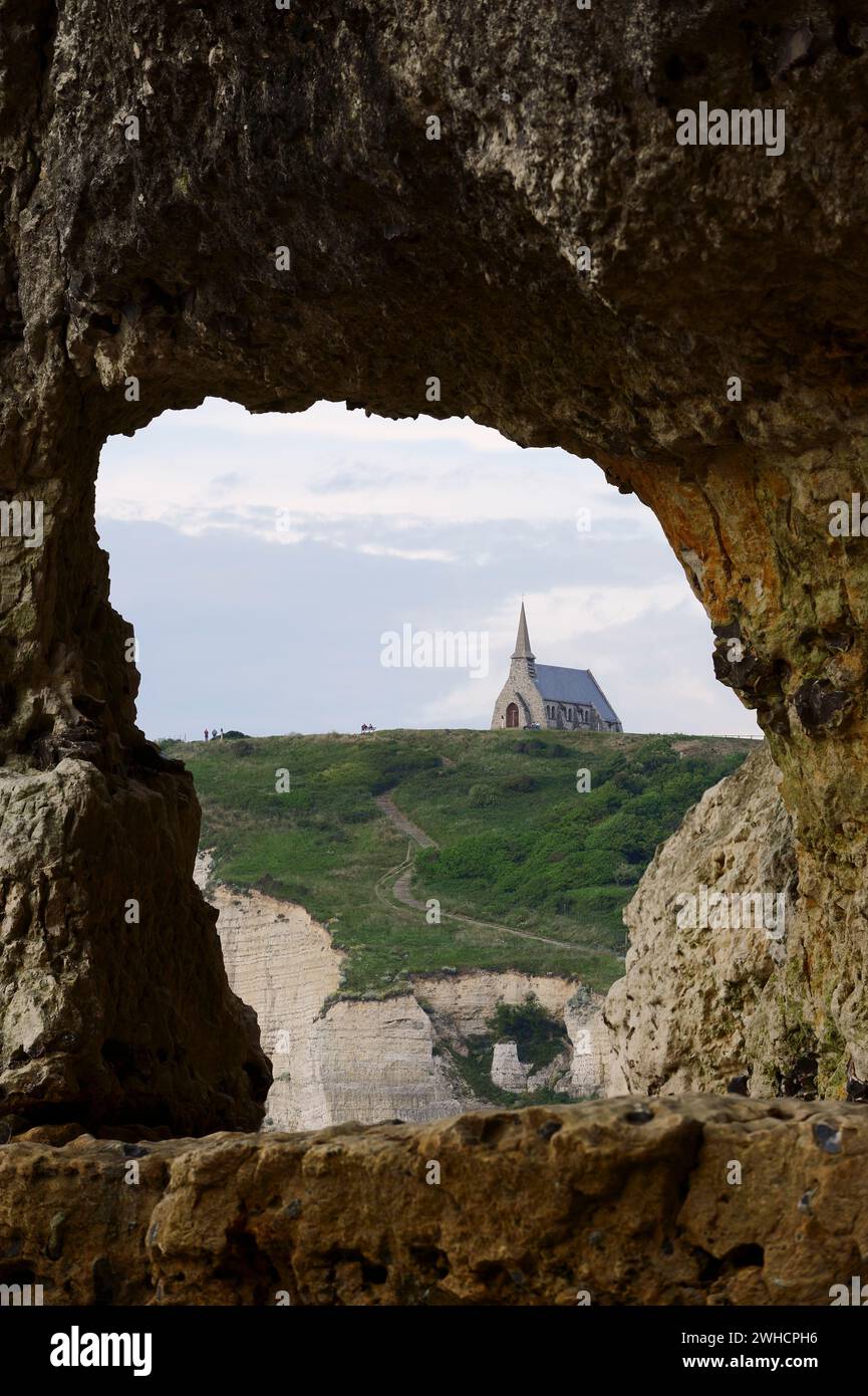Cliffs with the chapel of Notre Dame de la Garde, patron saint of sailors, Etretat, Seine-Maritime, Normandy, France Stock Photo