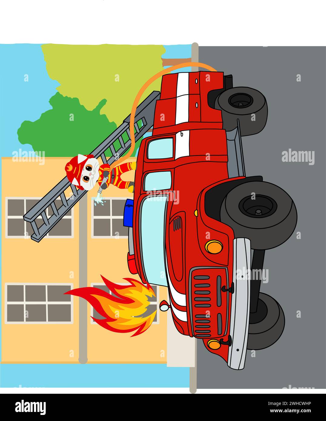 fire truck in the city with a cat putting out a fire Stock Vector Image