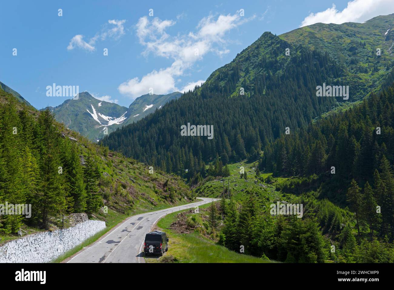 Road leading through a picturesque mountain landscape with lush greenery and clear blue skies, Mountain Road, Transfogarasan High Road Stock Photo