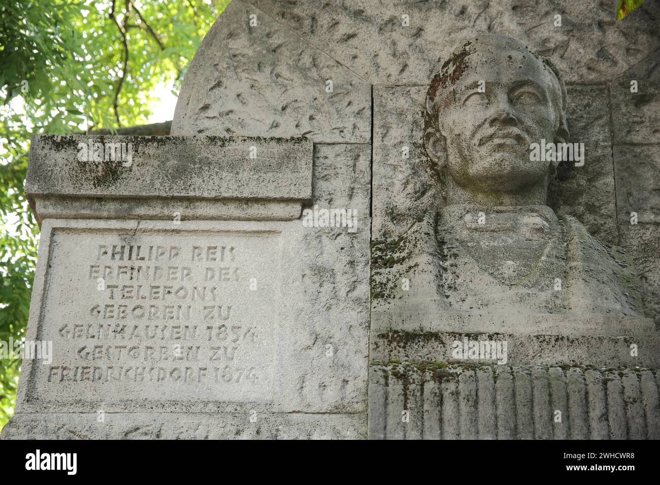 Monument to physicist Johann Philipp Reis, inventor of the telephone, inscription, relief, stone, Gelnhausen, Eschenheimer Anlage, city centre, Main Stock Photo