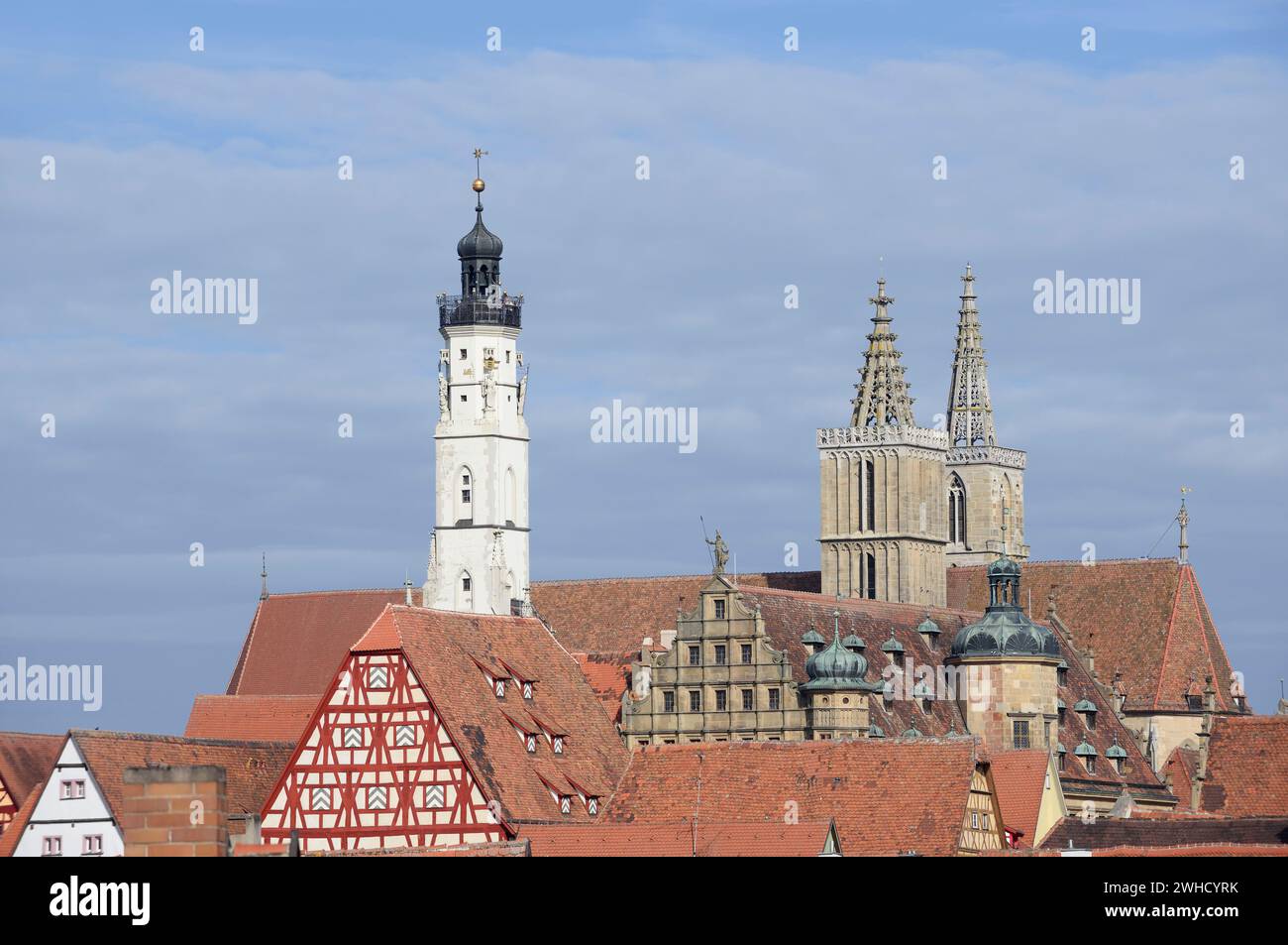 Town hall tower and St. Jacob's Church, Rothenburg ob der Tauber, Middle Franconia, Bavaria, Germany Stock Photo