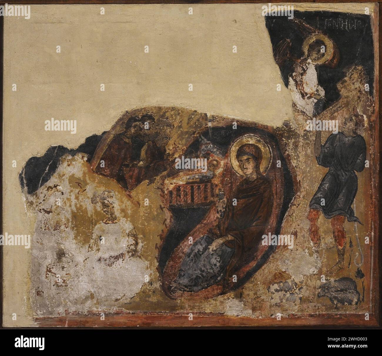 The Nativity of Christ. Mural painting from the Church of St. George Mali, built in the 17th century on the southern shore of the ancient Nesebur, demolished in 1946. Mesambria (Nesebur), Burgas region, Bulgaria. National Archaeological Museum. Sofia. Bulgaria. Stock Photo