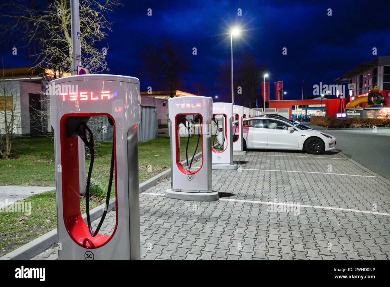 Tesla Supercharger charging station, car park, Werre-Park shopping centre, Bad Oeynhausen, North Rhine-Westphalia, Germany Stock Photo