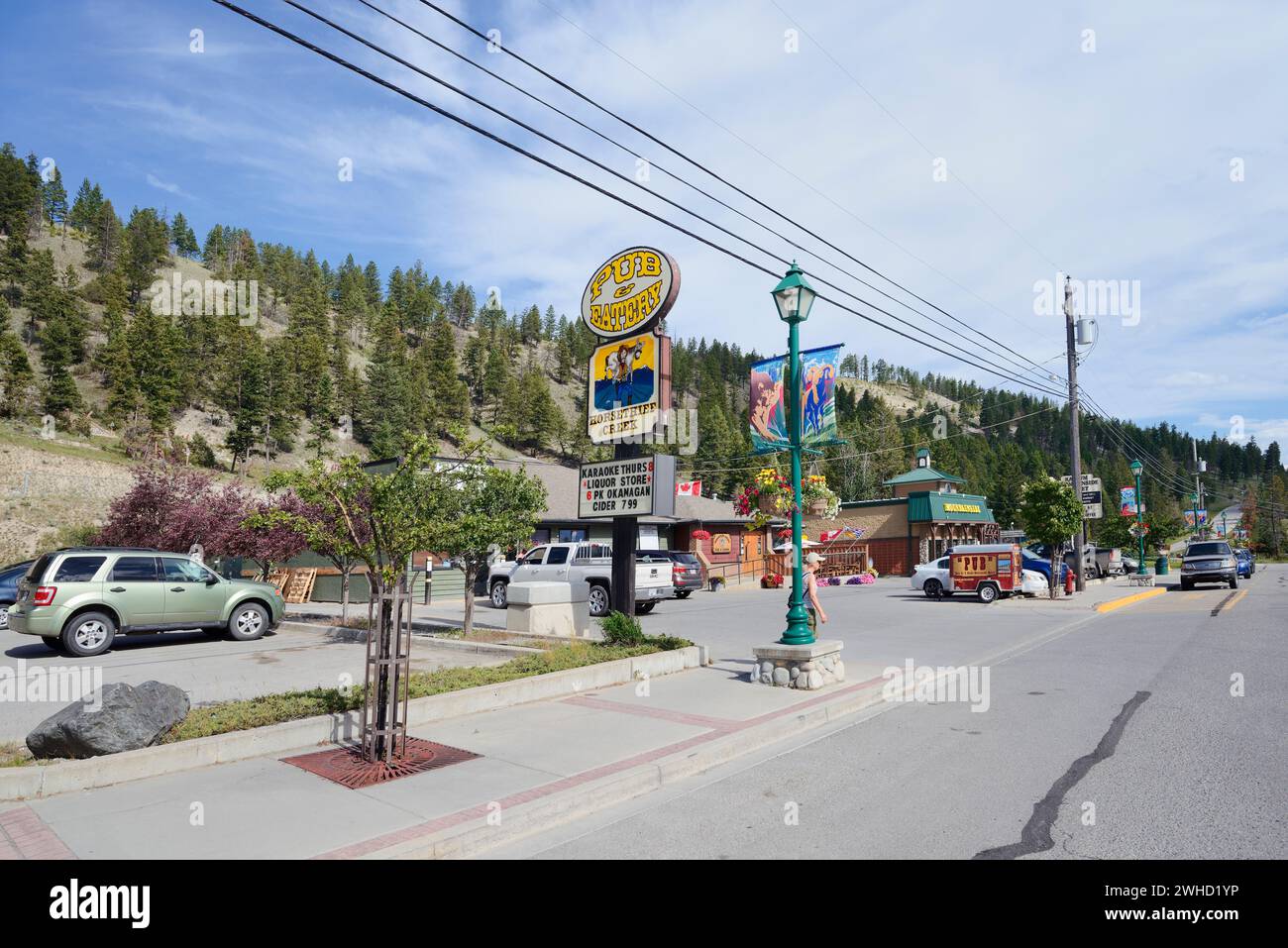 Street and stores, Radium Hot Springs, British Columbia, Canada Stock Photo