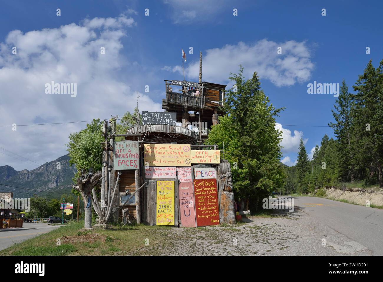House of a woodcutter, Home of a thousand faces, Radium Hot Springs, British Columbia, Canada Stock Photo