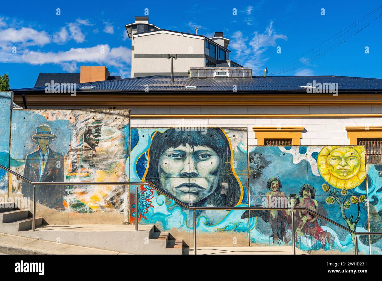 Yaghan Street art wall with images of the indigenous Yaghan people, Ushuaia,  Tierra del Fuego Island, Patagonia, Argentina Stock Photo - Alamy