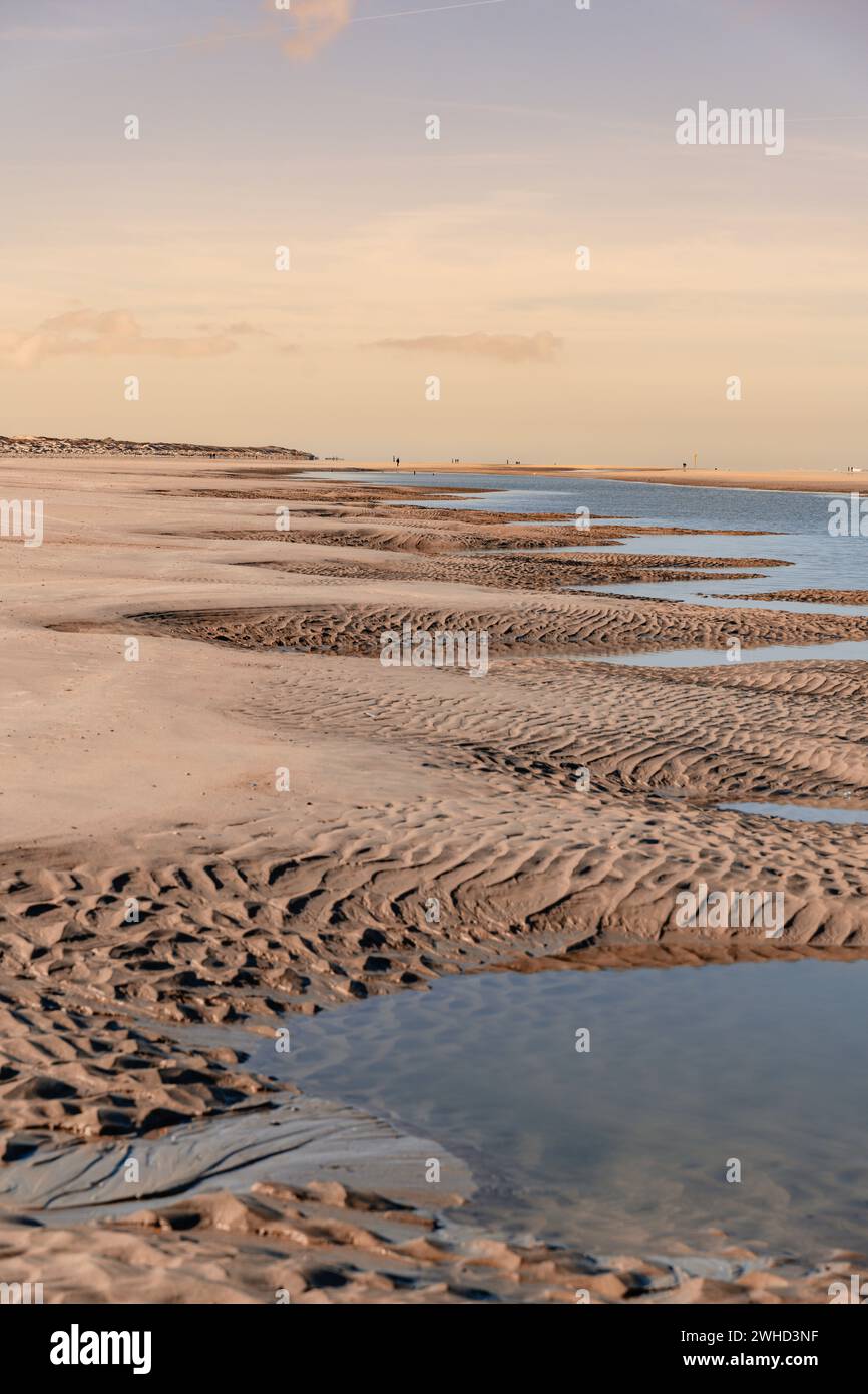 Onset of low tide on the North Sea island of Norderney, outgoing tide on the beach, ground-level perspective Stock Photo