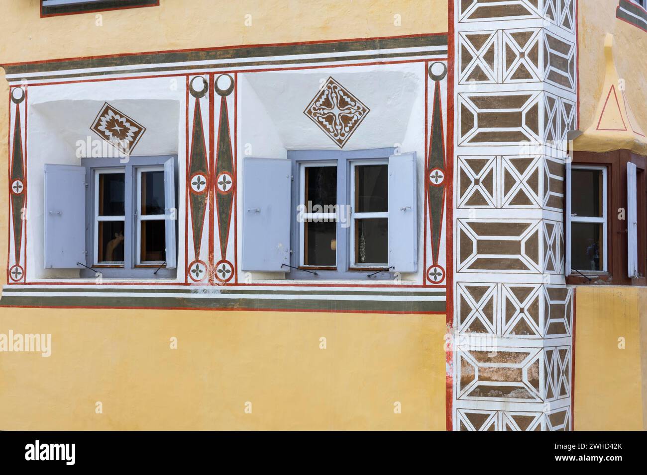 Window, historic house, sgraffito, facade decorations, Ardez, Engadin, Grisons, Switzerland Stock Photo