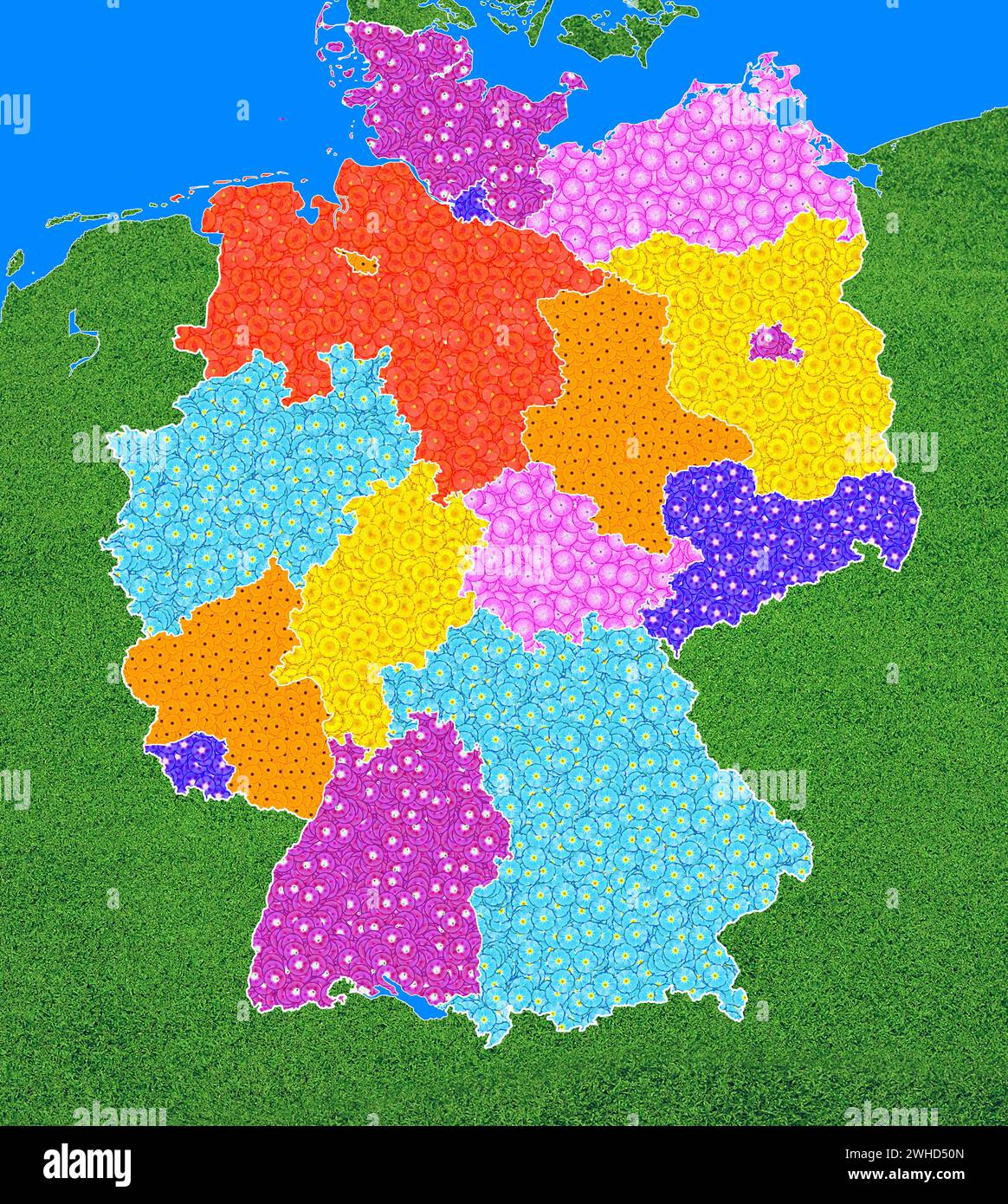 Geographical map of Germany with the federal states, with many different colored flowers, symbol for nature conservation, climate protection Stock Photo