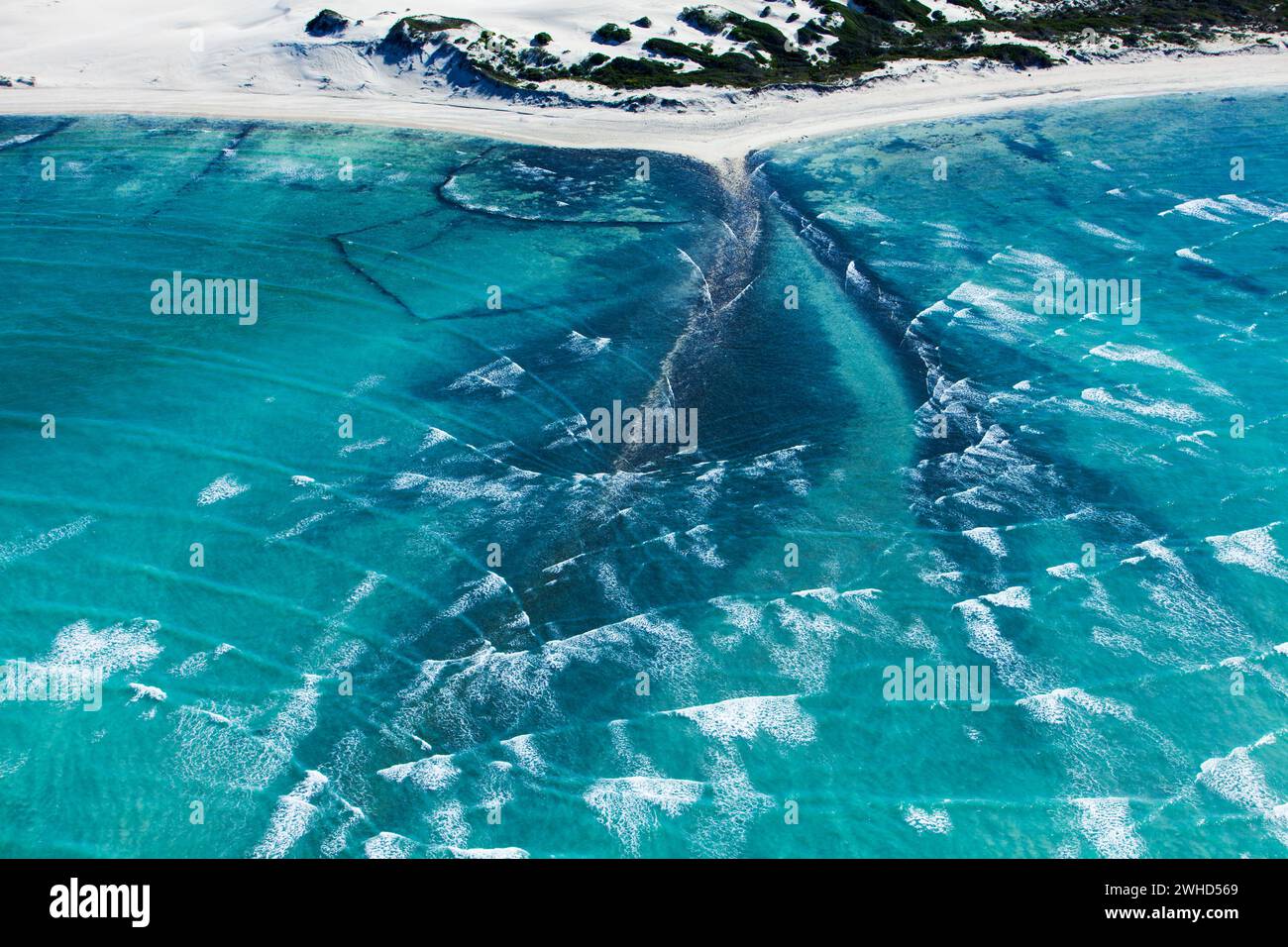 Abstract, Aerial view, Africa, beauty in nature, blue background, Coast, Coastal beach, daytime, landscape, nature, no people, Ocean, outdoors, Overberg, scenic, South Africa, Stone Fish Traps (ancient), water, Western Cape Province, Waves, Pattern Stock Photo
