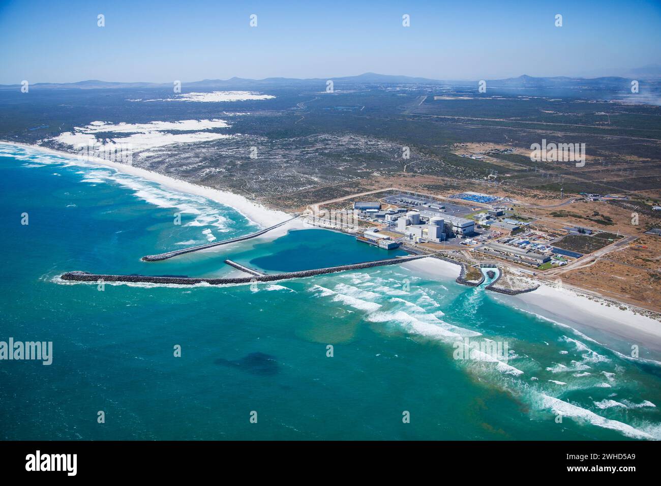 Aerial view, Africa, blue background, Coast, Coastal beach, daytime, Koeberg Nuclear Power Station, no people, Ocean, outdoors, scenic, Sea, Seascape, South Africa, Table Mountain, water, Western Cape Province Stock Photo