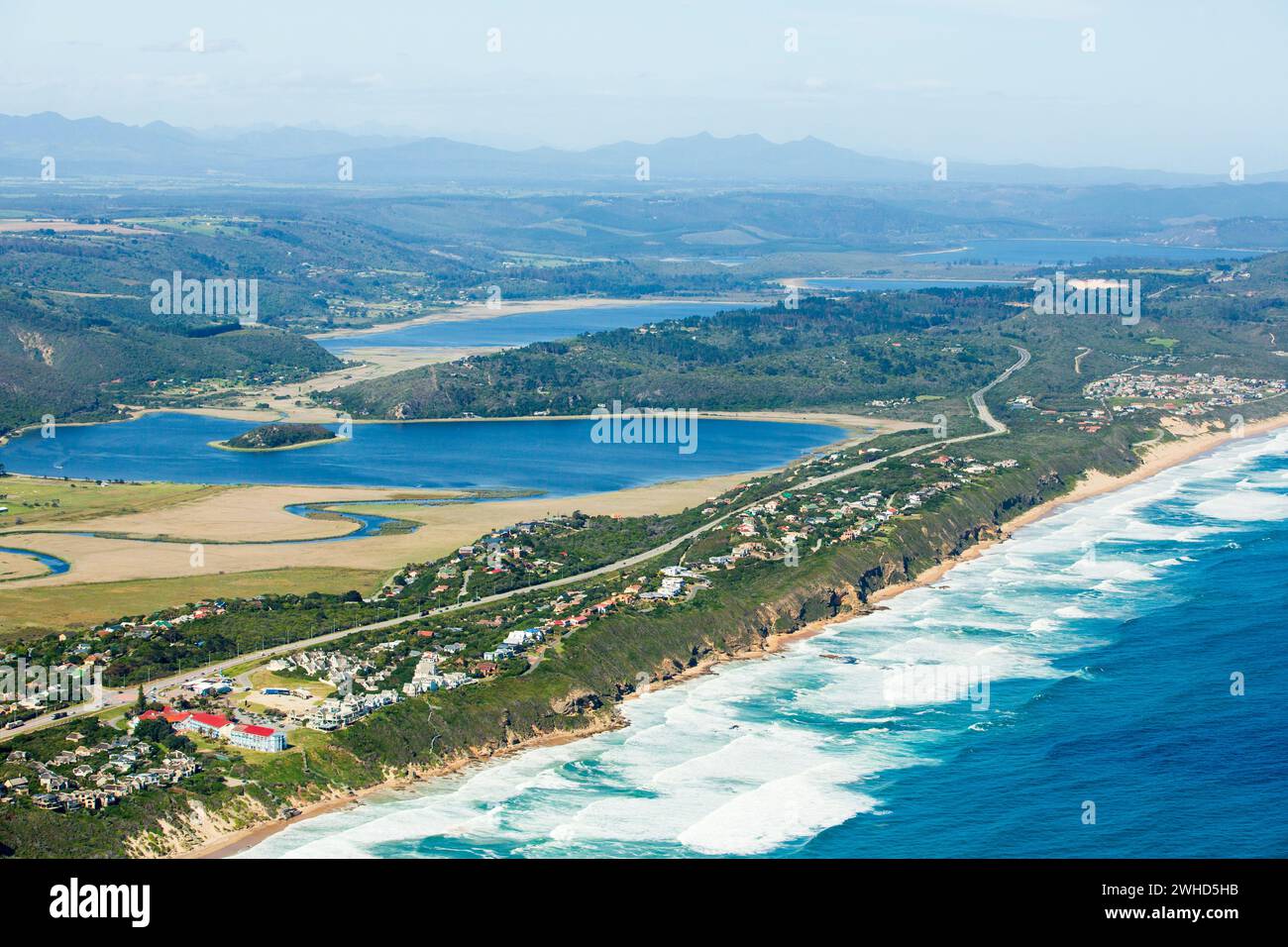 Aerial view, Africa, Garden Route, Garden Route National Park, Indian Ocean, N2 Highway, South Africa, Western Cape Province, wilderness, daytime, nature, outdoors, tourism, beauty in nature, Coast, Coastal city, Marine, Ocean, Sea, scenic Stock Photo
