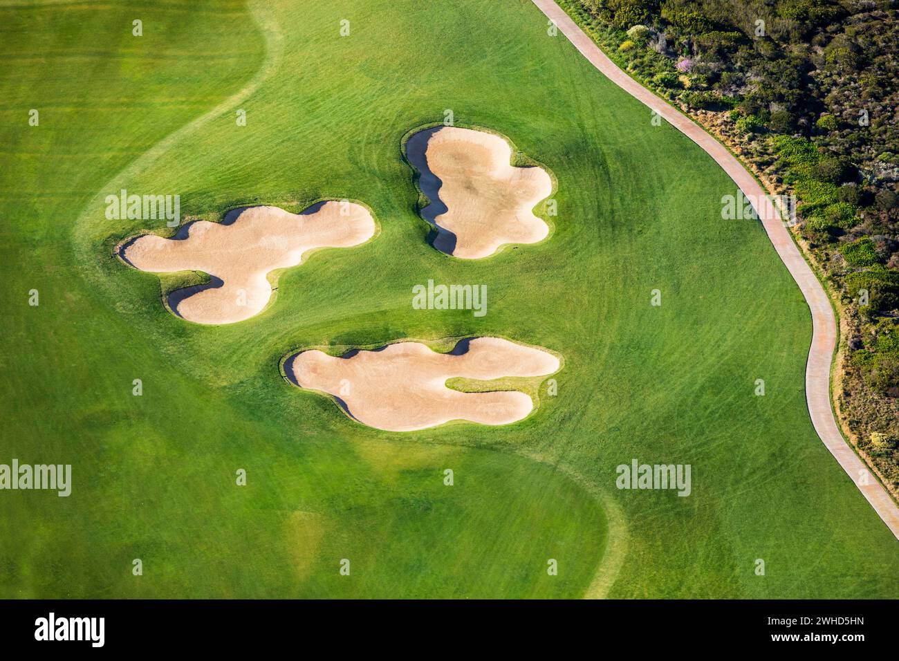 Aerial view, Africa, Mossel Bay, South Africa, Western Cape Province, copy space, daytime, outdoors, tourism, abstract, Golf course, Sand Bunkers, Golf Stock Photo